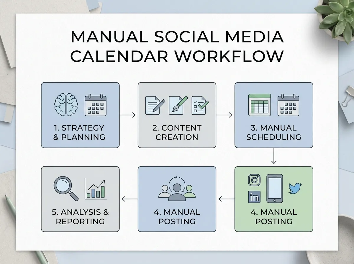 Workflow diagram showing manual social media calendar steps
