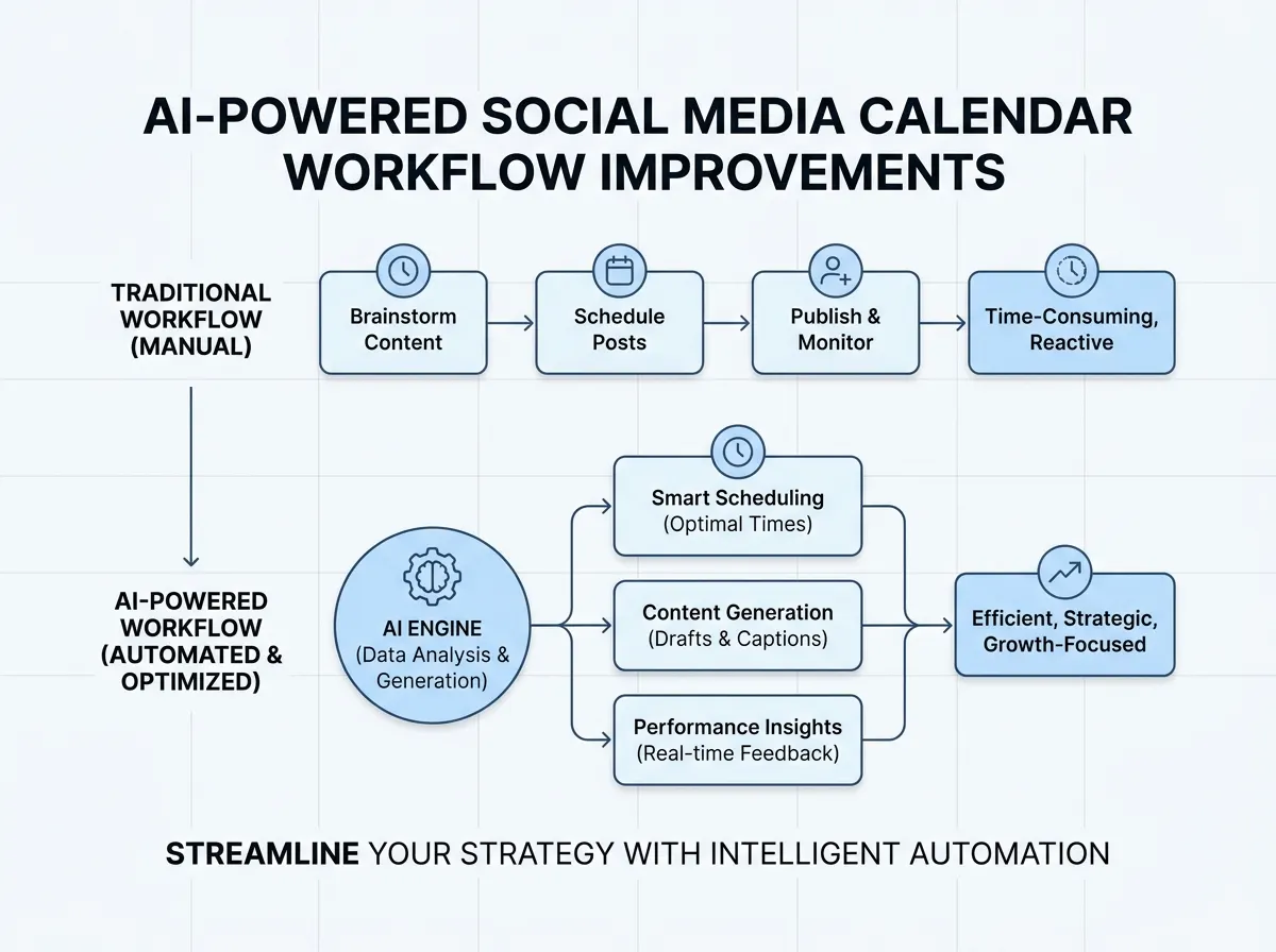 Diagram showing AI-powered social media calendar workflow improvements