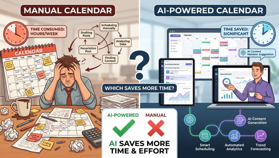 Manual vs AI Social Media Calendars: Which Workflow Saves More Time in 2026? Manual vs AI Social Media Calendars: Which Workflow Saves More Time in 2026?