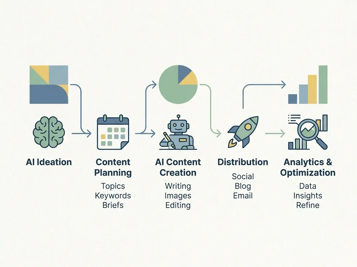 Workflow diagram showing AI-driven content planning from ideation to analytics