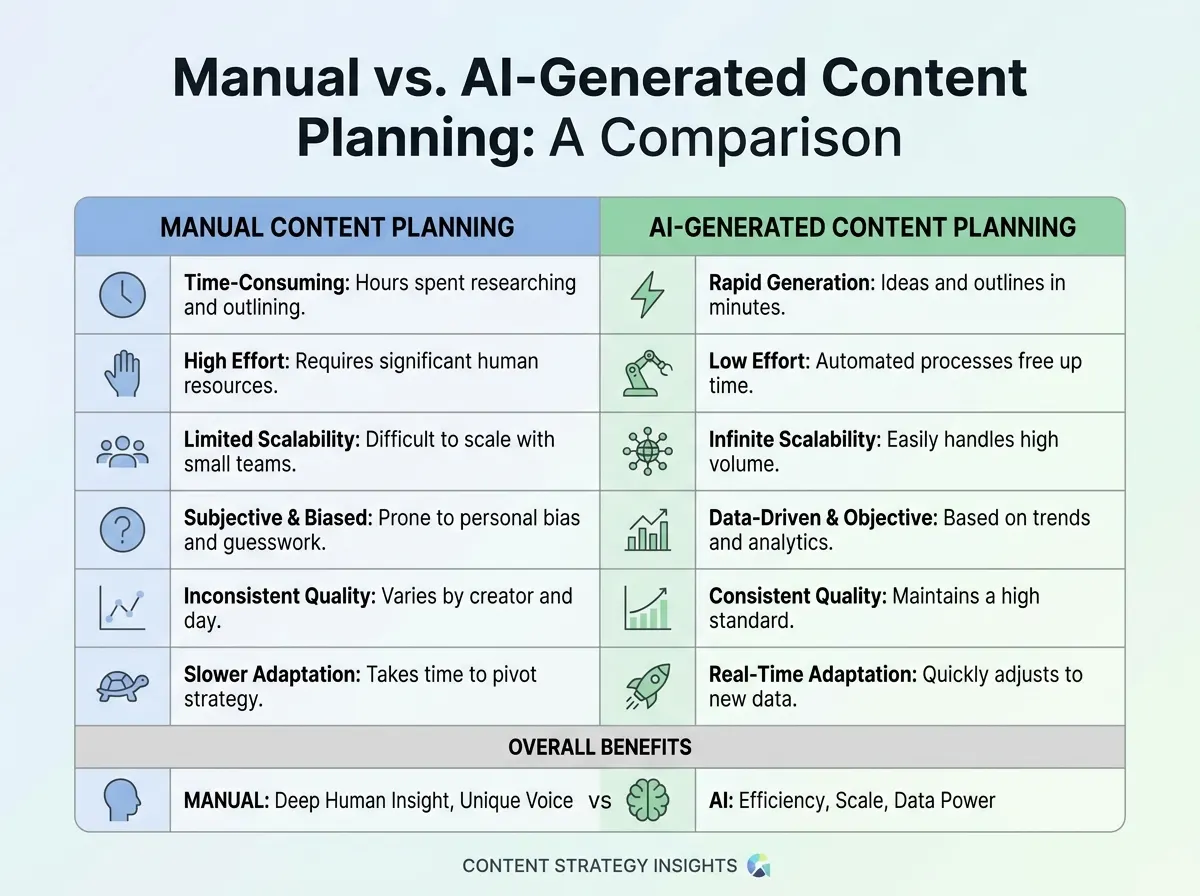 Comparison table showing AI-generated vs. manual content planning benefits