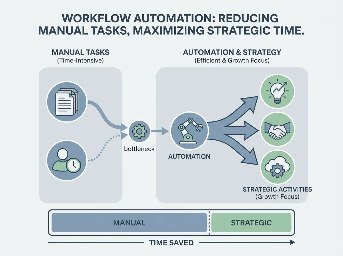 Workflow diagram showing automation reducing manual tasks and increasing time for strategic activities.