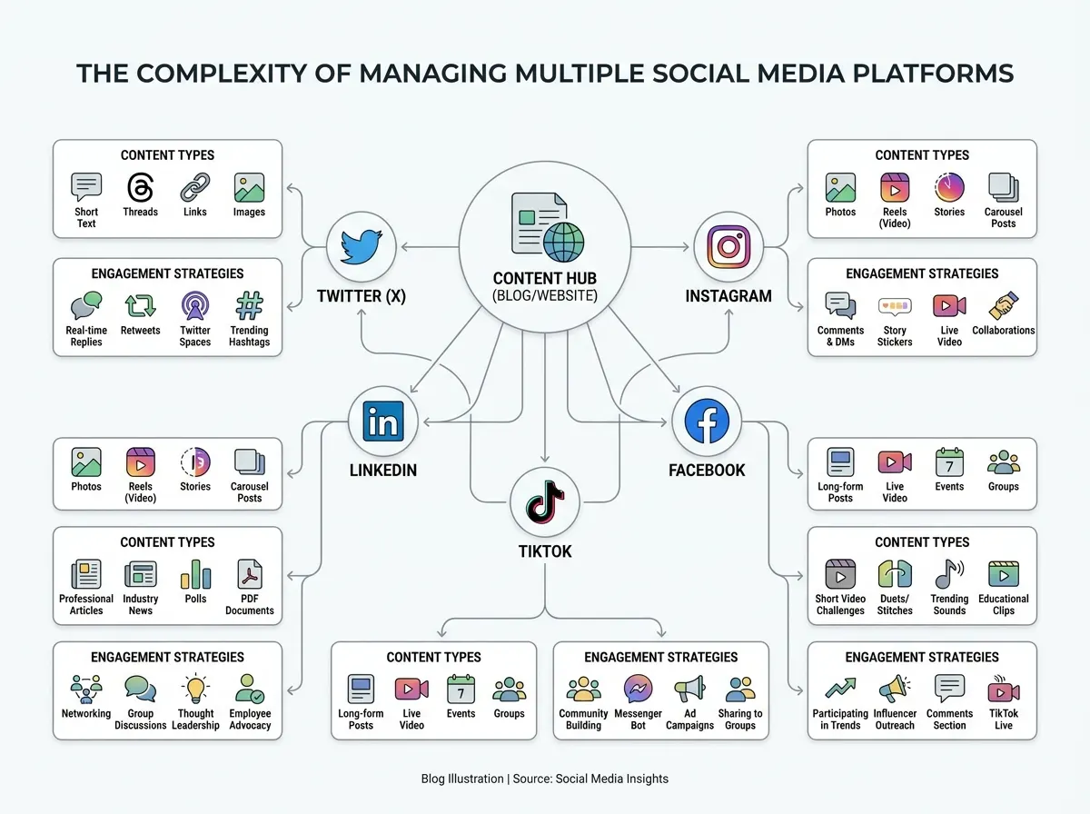 Diagram showing the complexity of managing multiple social media platforms with various content types and engagement strategies.
