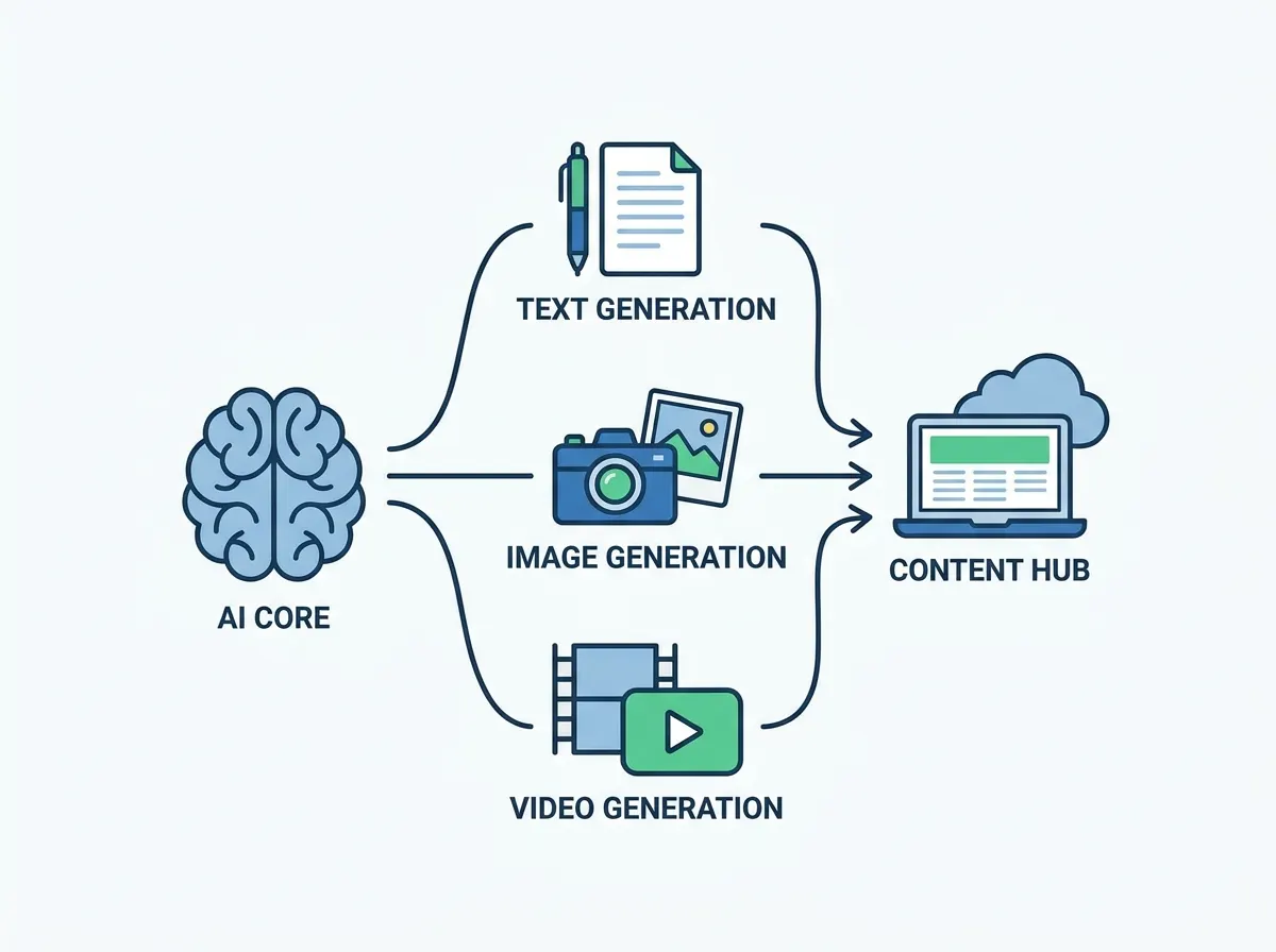 Visual representation of an AI-driven content creation process with icons for text, image, and video generation