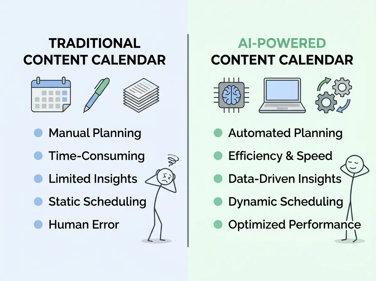 Comparison chart showing the benefits of AI-powered vs. traditional content calendars
