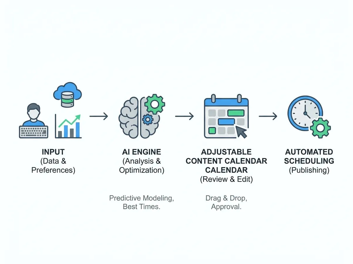 Diagram illustrating the workflow of an AI adjustable content calendar from input to automated scheduling
