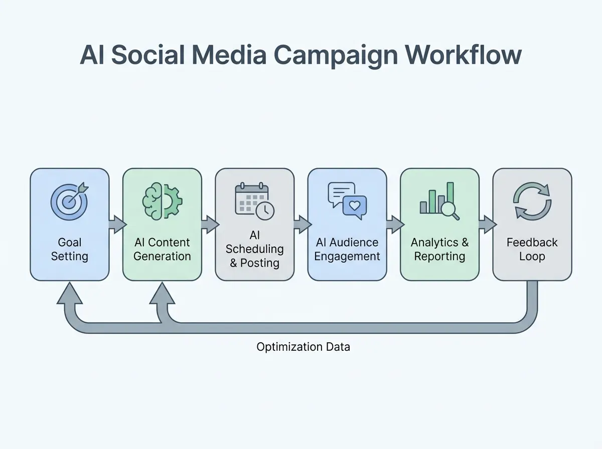 Workflow diagram showing AI social media campaigns setup process from goal setting to analytics feedback
