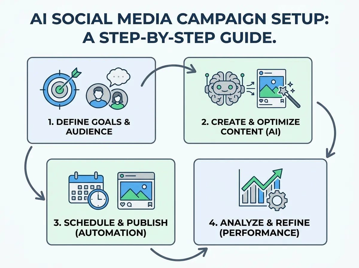 Step-by-step guide illustration for setting up AI social media campaigns