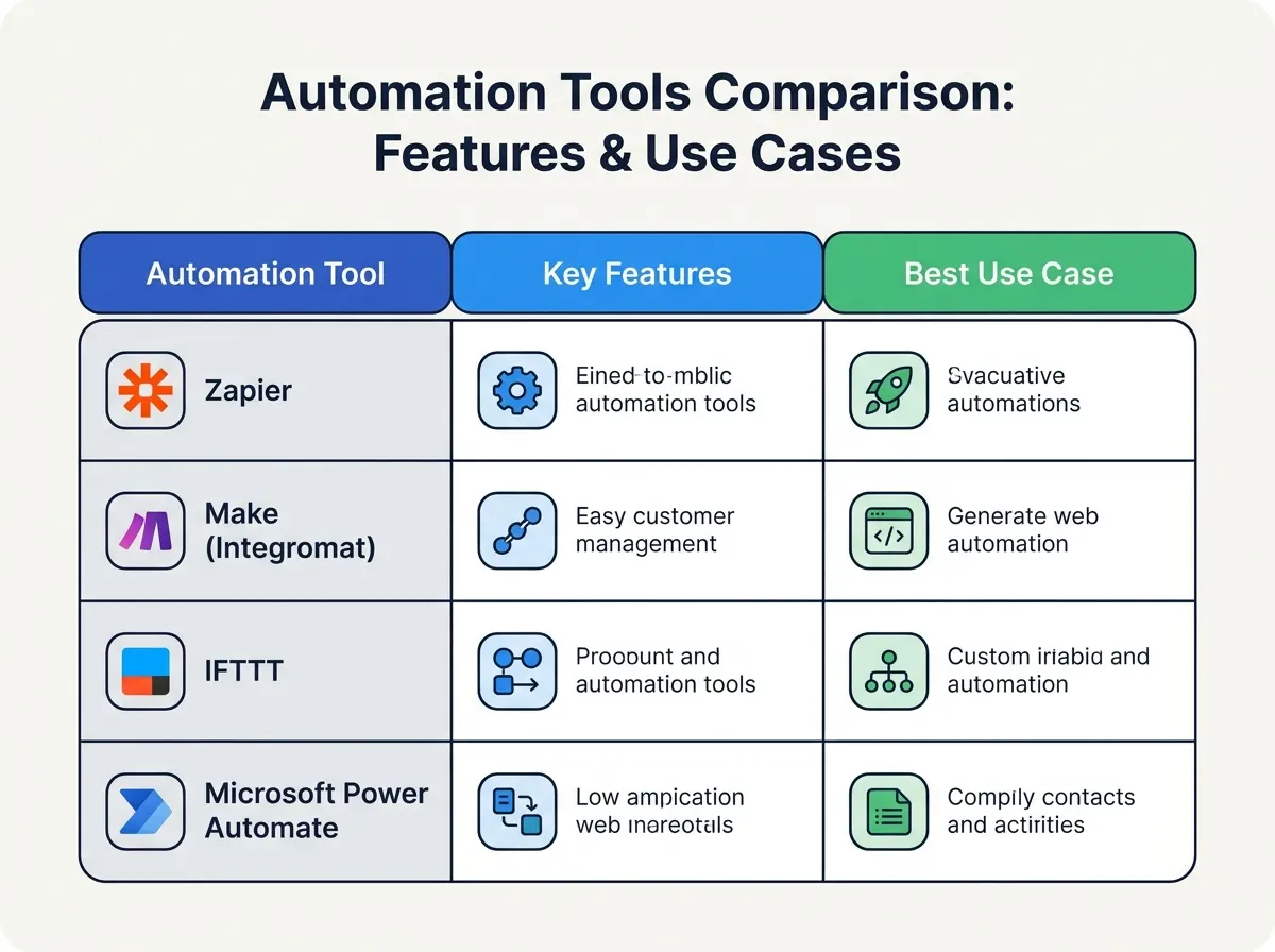 Comparison table showing automation tools with features and best use cases
