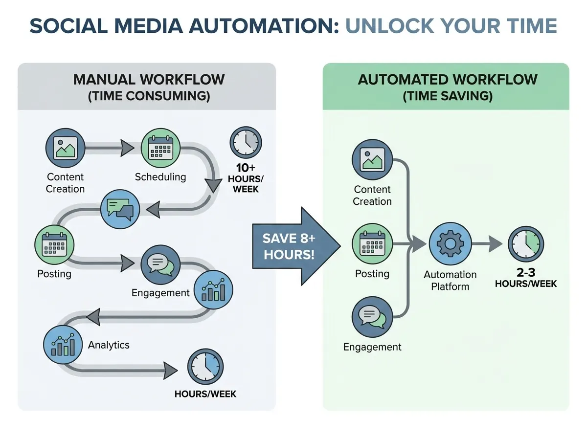 Workflow diagram showing time savings from manual to automated social media tasks