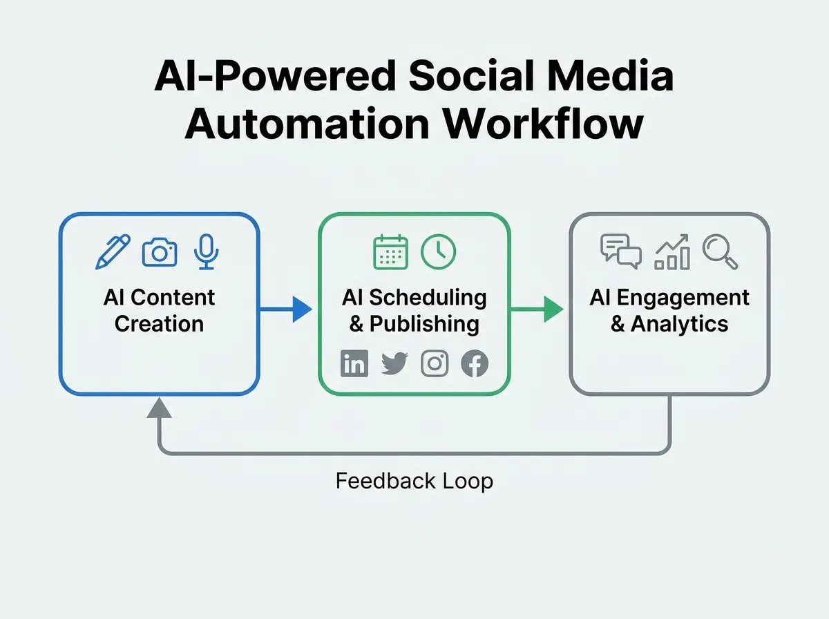 Diagram showing AI-powered social media automation workflow from content creation to analytics