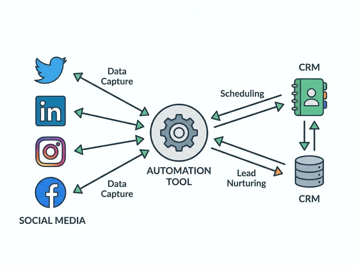 Workflow diagram showing automation tool integration with social media platforms and CRM