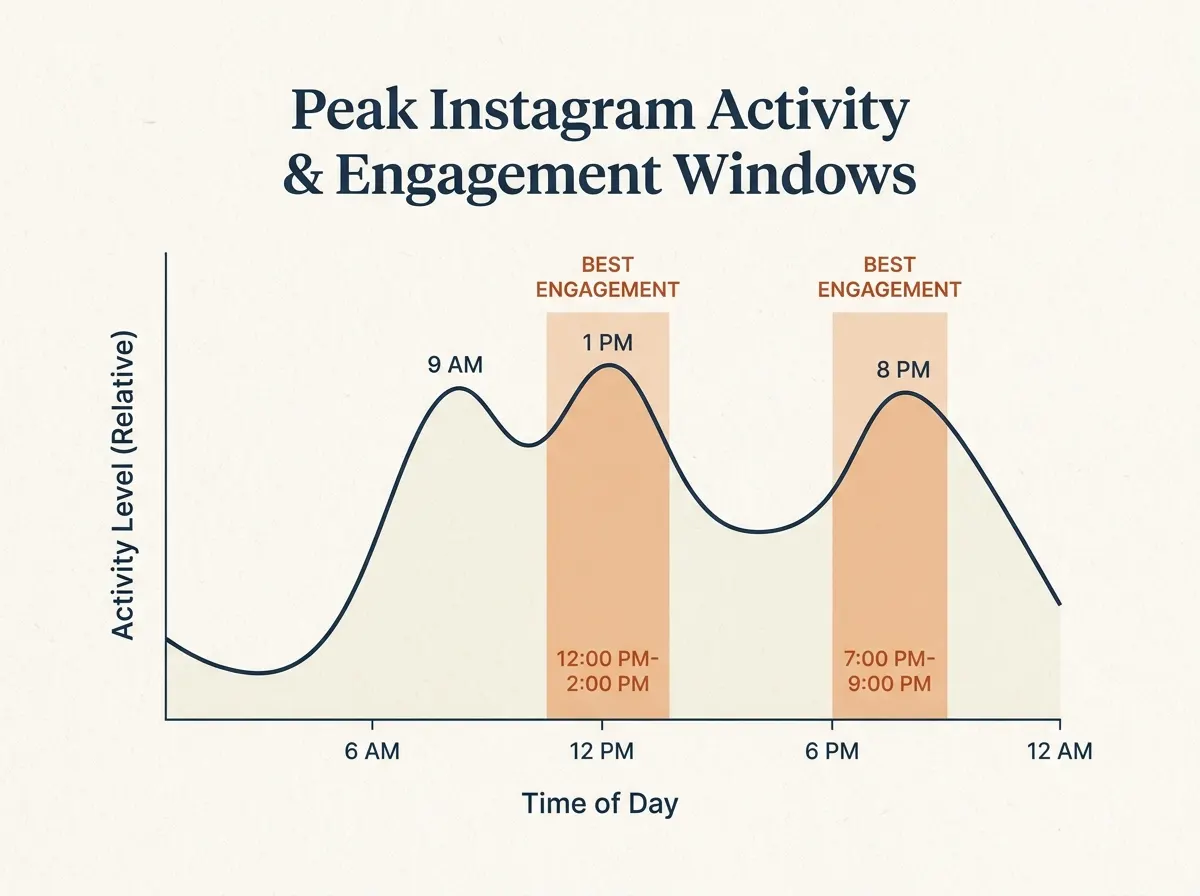 Graph showing peak Instagram activity times with highlighted engagement windows