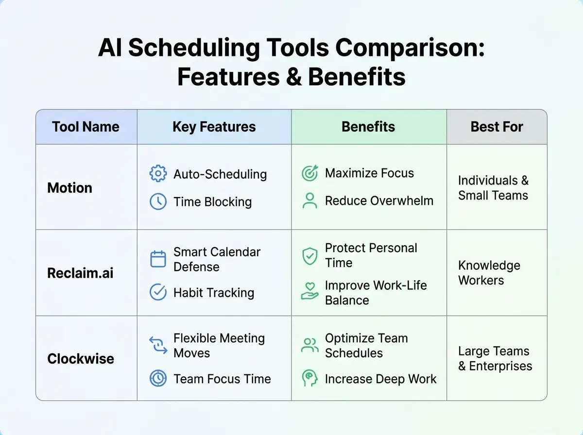 Comparison table of AI scheduling tools with features and benefits listed