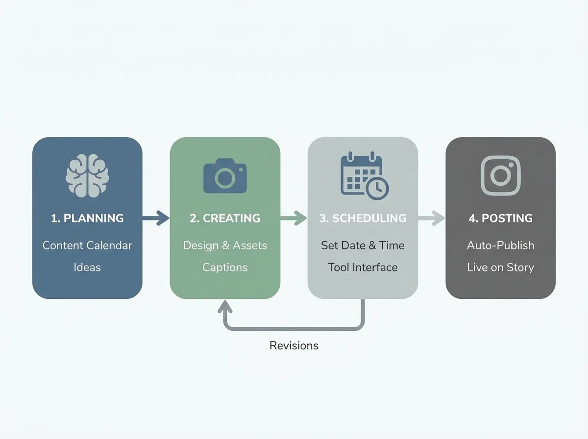 Workflow diagram of Instagram Story scheduling process from planning to posting