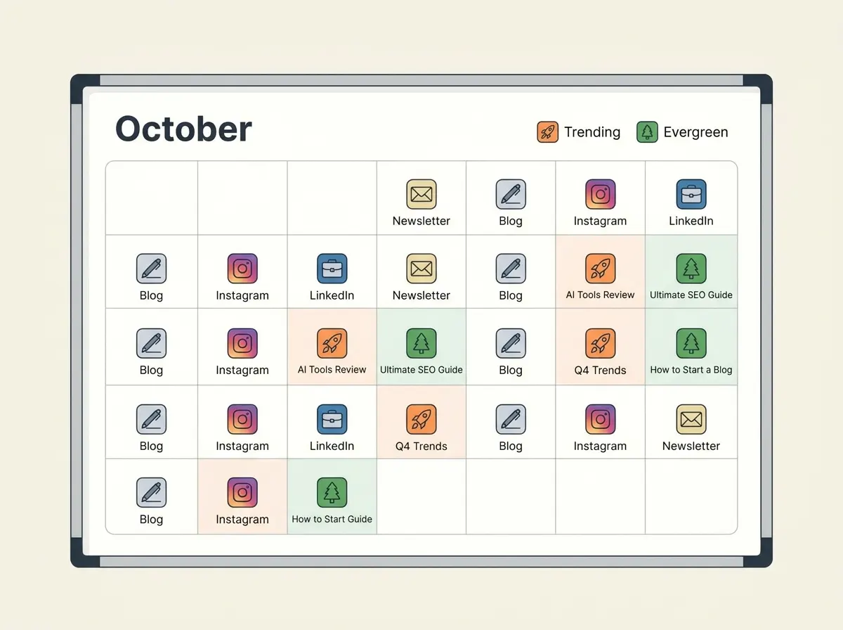 Editorial calendar showing a mix of trending and evergreen content scheduled across platforms