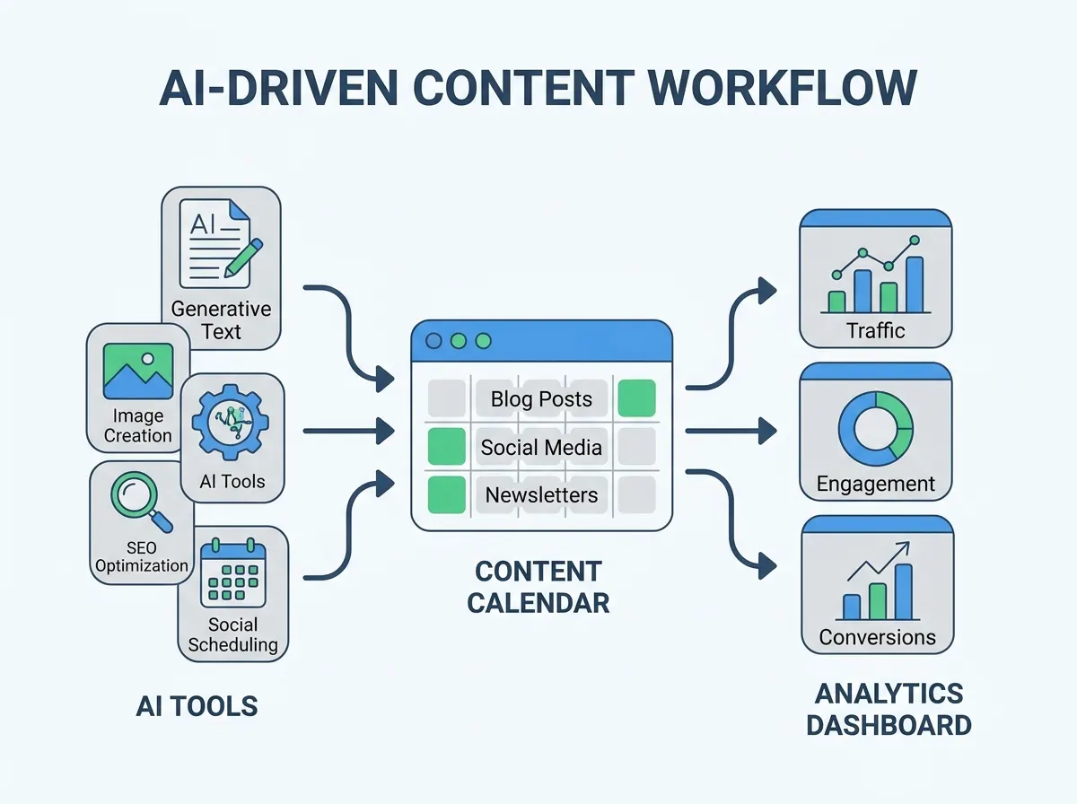 Diagram showing AI tools integrating with content calendars and analytics dashboards