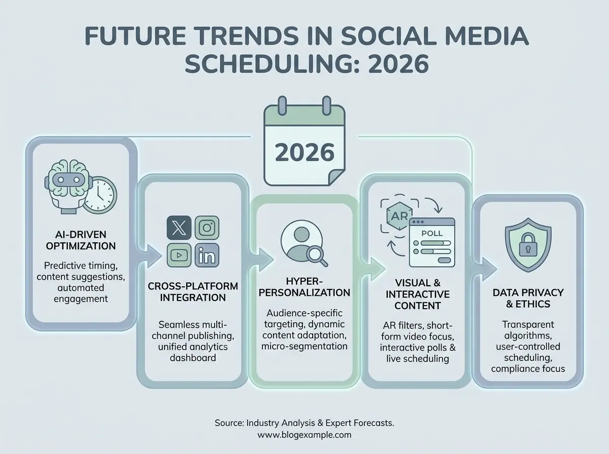 Infographic depicting future trends in social media scheduling for 2026