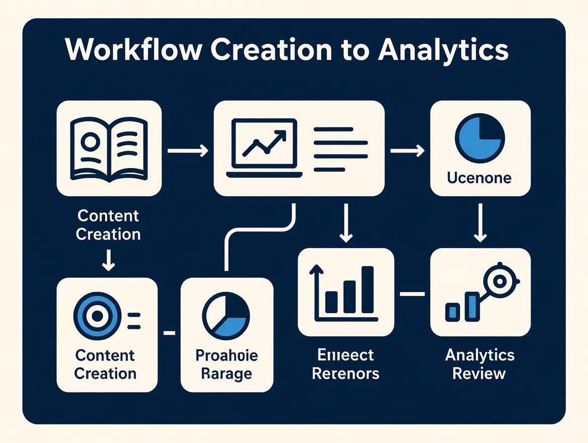 Workflow diagram showing steps from content creation to analytics review