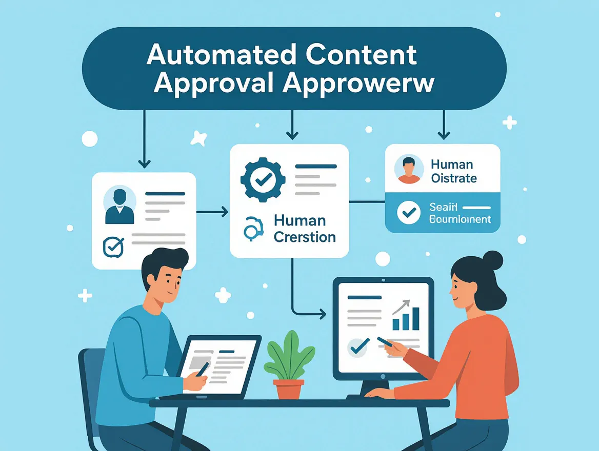 Workflow diagram showing automated content approval process with AI checks and human oversight
