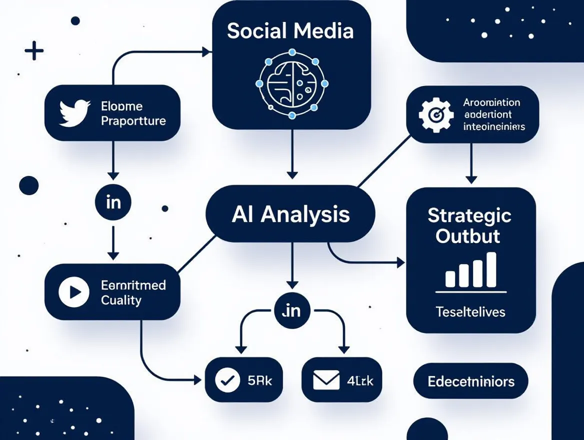 Workflow diagram illustrating data flow from social media input to AI analysis and strategic output