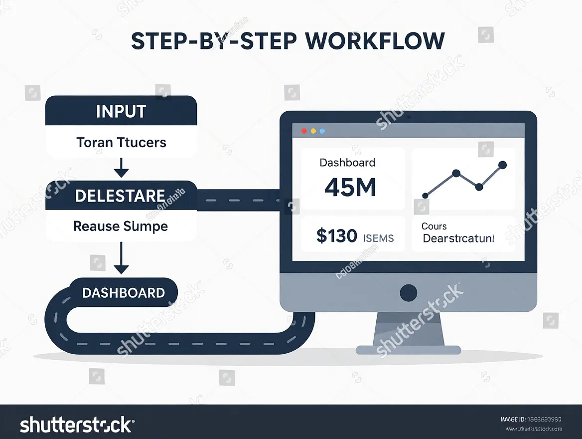 Step-by-step workflow diagram showing data flowing from input to dashboard