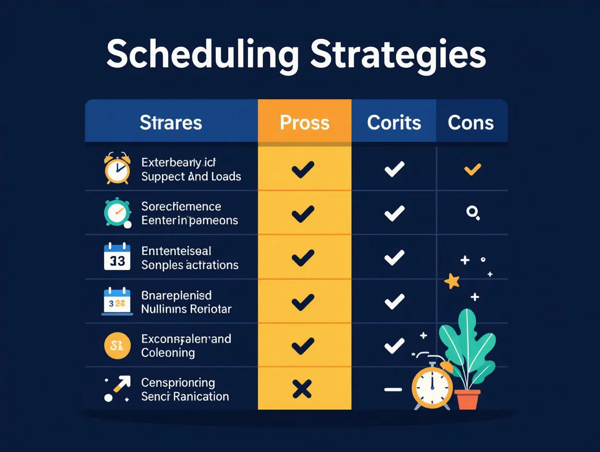 Comparison table showing five scheduling strategies with pros and cons