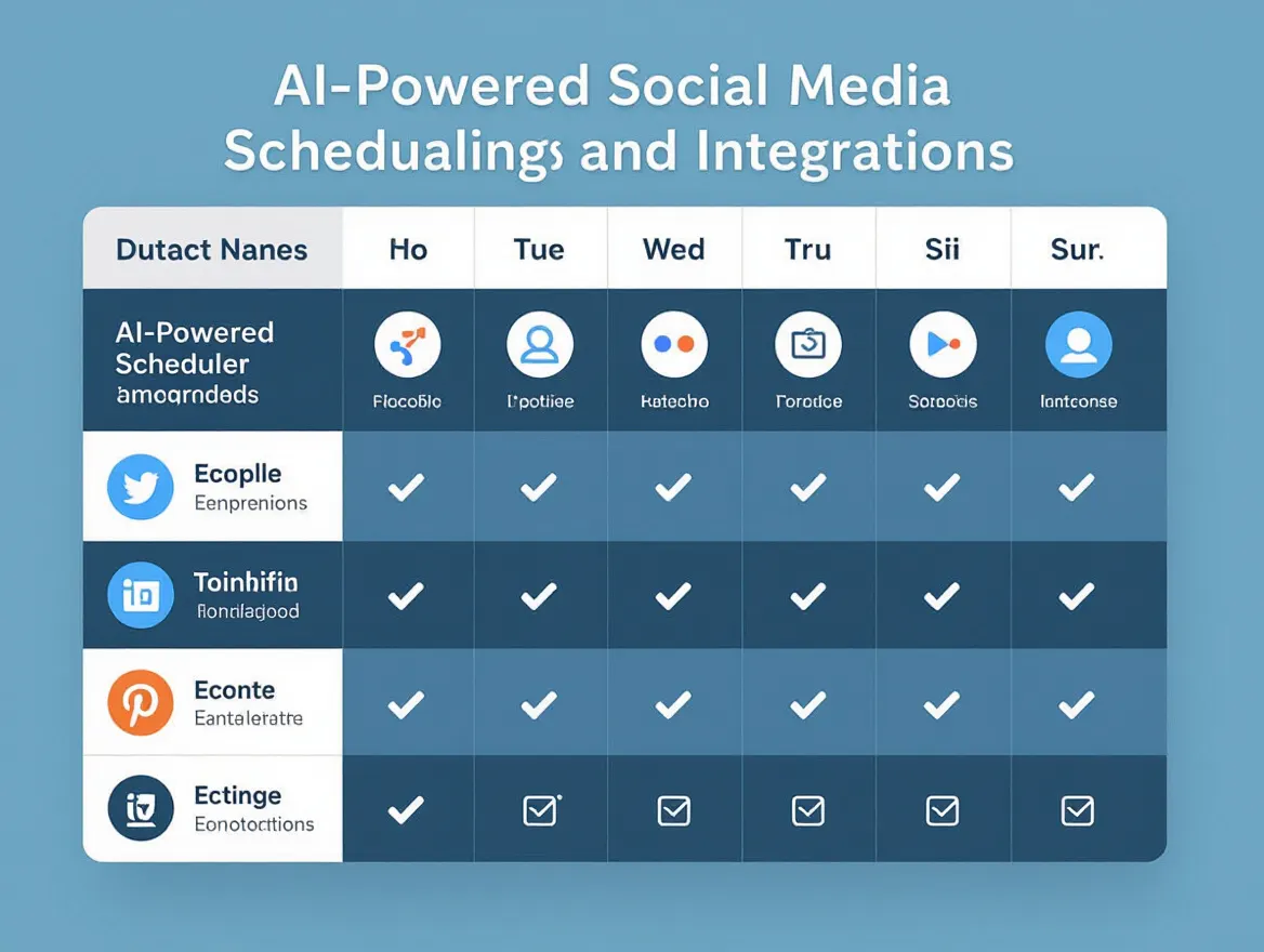 Comparison chart of AI-powered social media scheduling tools with features and integrations