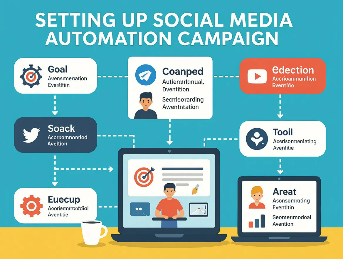 Diagram showing the process of setting up a social media automation campaign from goal setting to execution