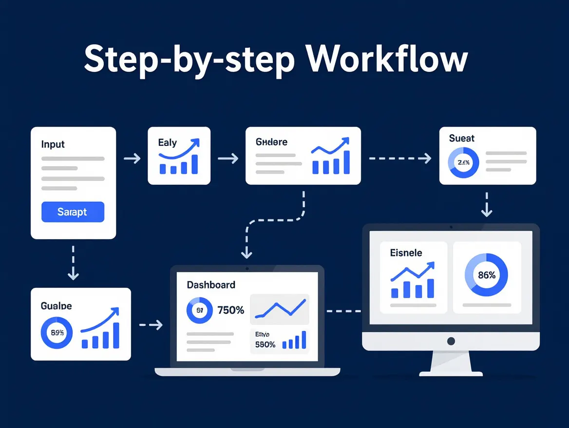 Step-by-step workflow diagram showing data flowing from input to dashboard