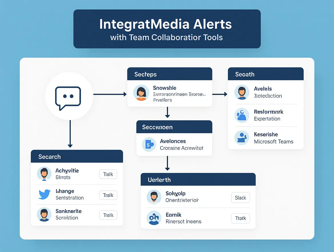 Workflow diagram showing integration of social media alerts with team collaboration tools like Slack and Microsoft Teams