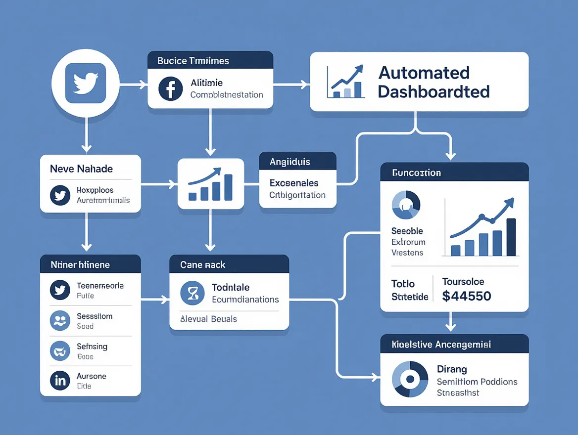Workflow diagram showing data flowing from social media platforms to an automated dashboard