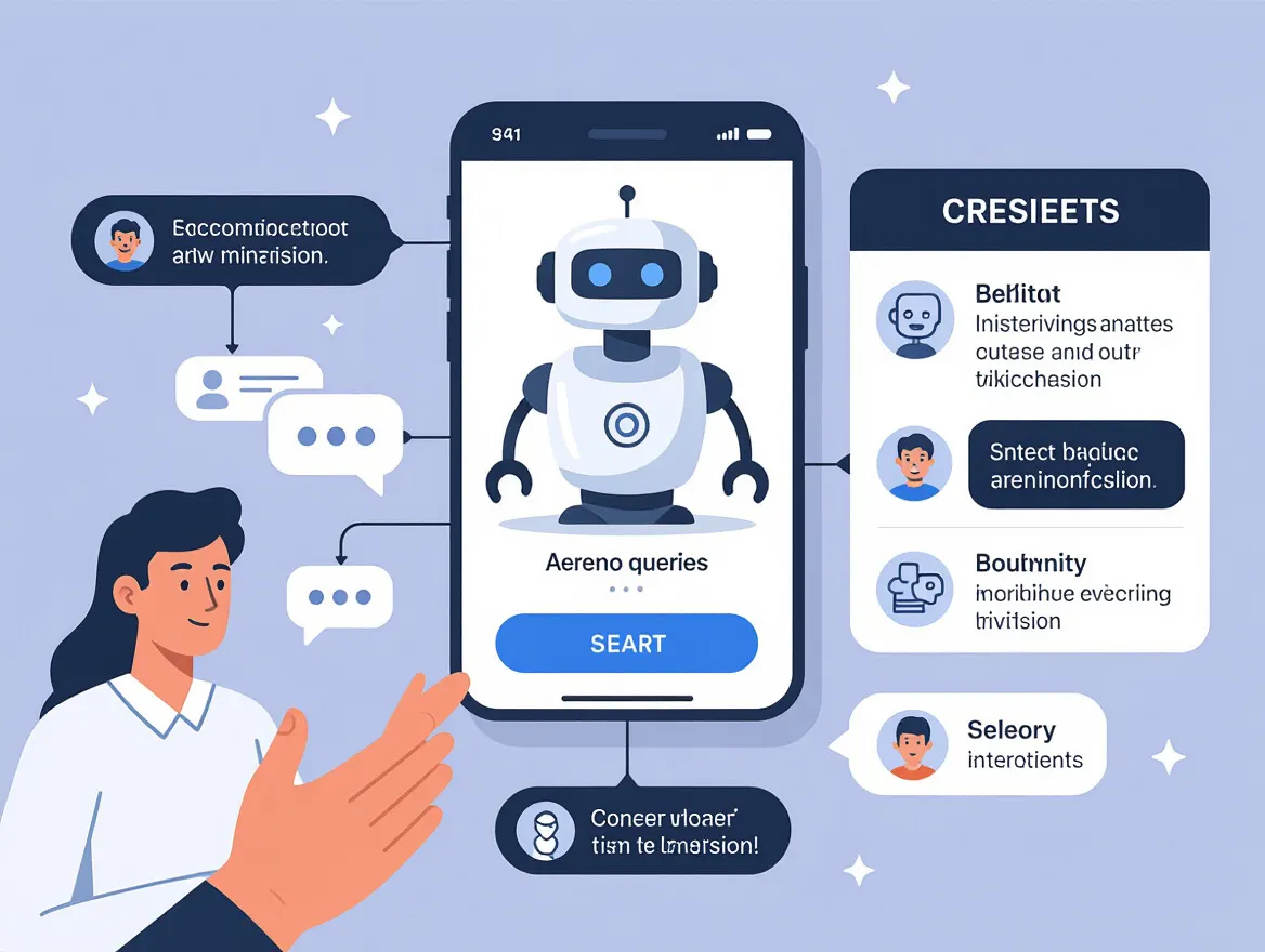 Infographic showing chatbot interaction flow with user queries and responses