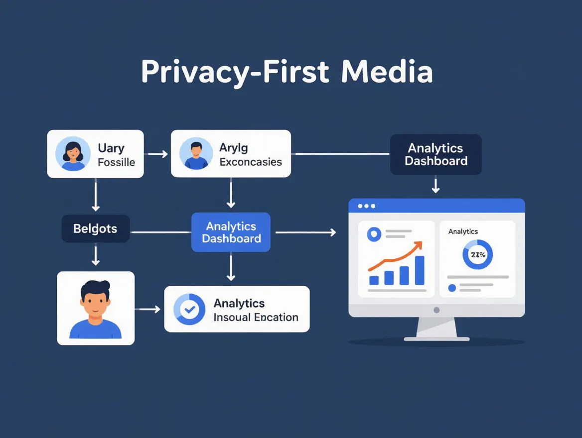 Diagram showing a privacy-first social media automation workflow, highlighting data flow from user consent to analytics dashboard