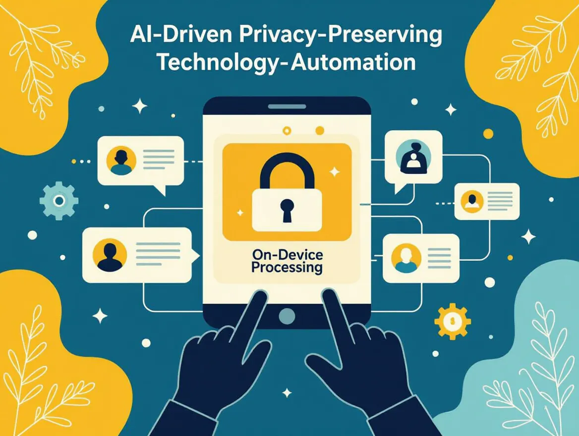 Illustration of AI-driven privacy-preserving technology in social media automation, showing on-device processing and anonymization