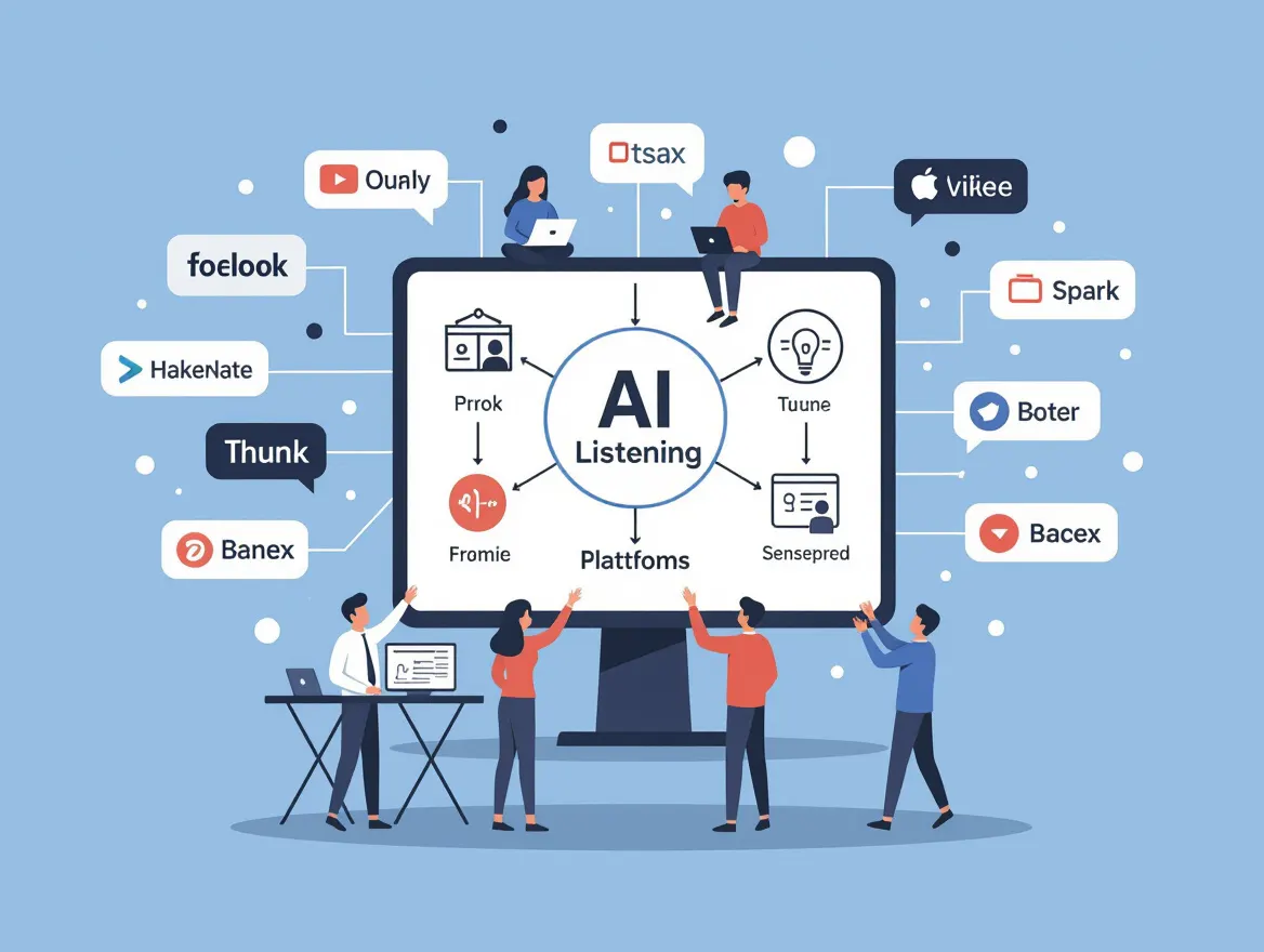 Diagram showing AI-powered social listening tools monitoring multiple platforms in real-time