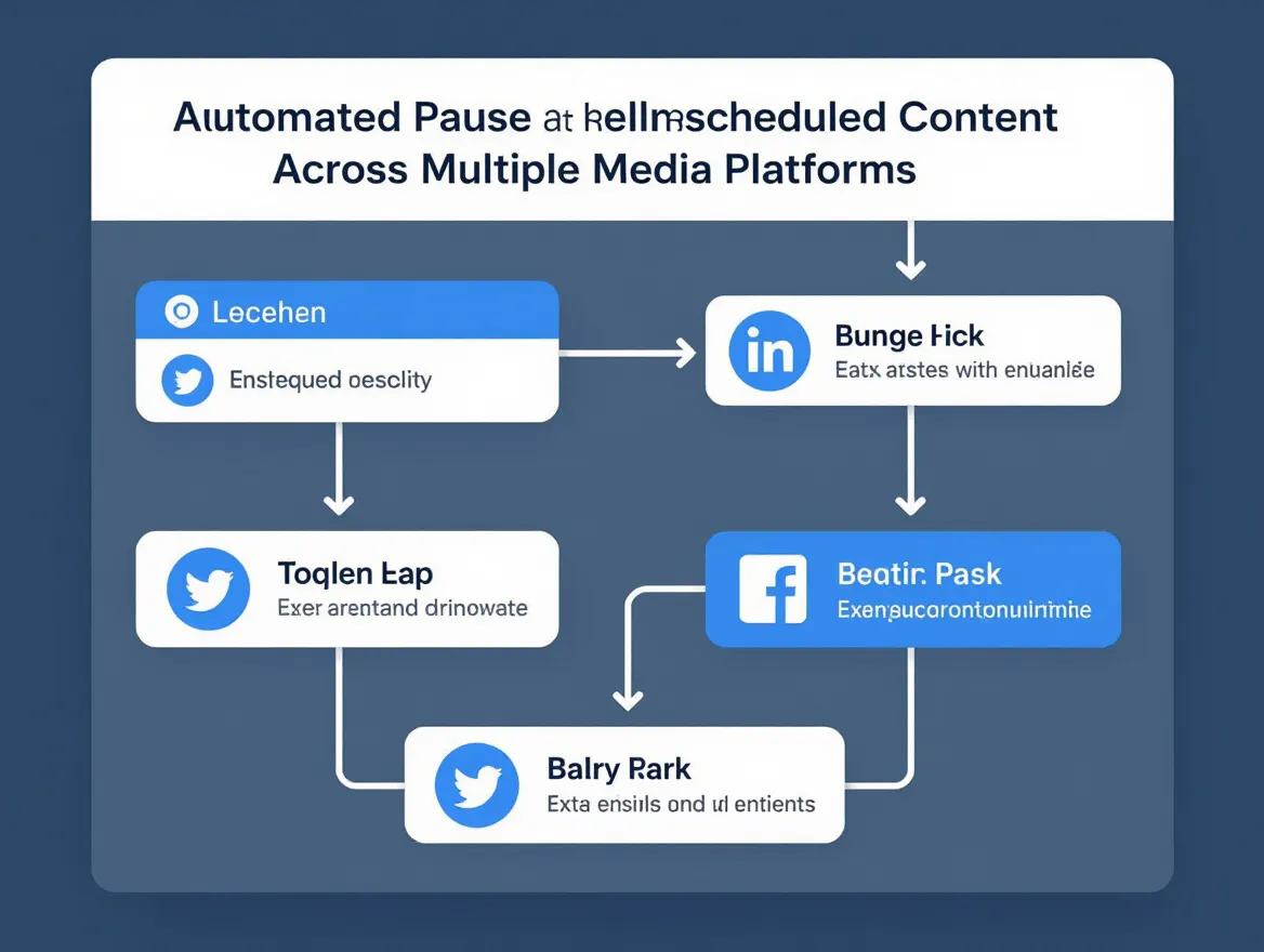 Workflow diagram showing automated pause of scheduled content across multiple social media platforms