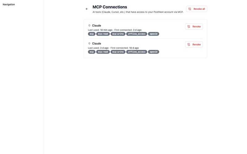 La pantalla MCP Connections de PostNext que lista las herramientas de AI conectadas, sus scopes y un control Revoke para cada una