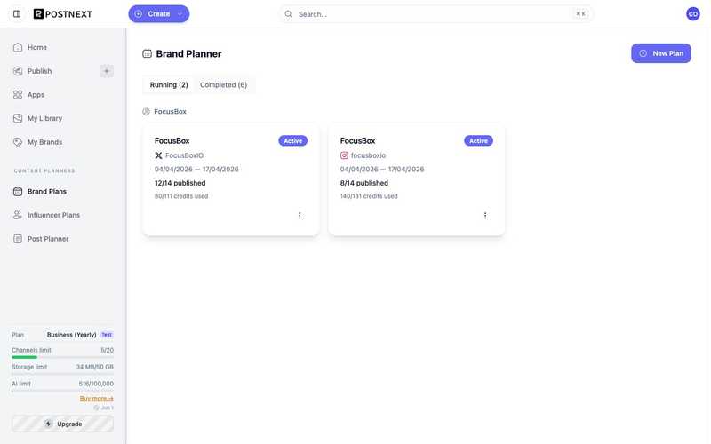 The PostNext Brand Planner showing running plans, each with a channel, a date range, and publishing progress