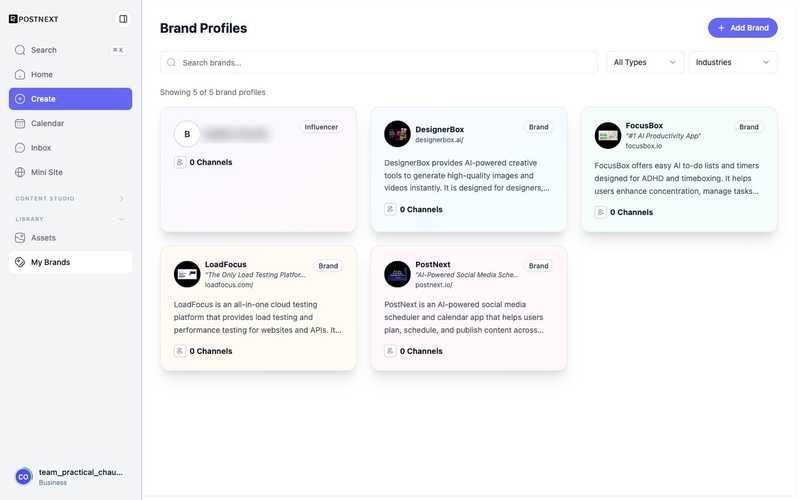 The PostNext My Brands screen with a card for each brand profile showing its name, description, and connected channels