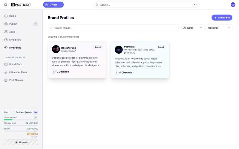 The PostNext My Brands screen with a card for each brand profile showing its name, description, and connected channels