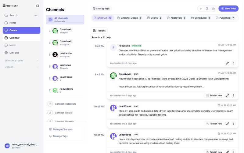 The PostNext Publish screen with its connected channels, view toggles, and the post queue grouped by status
