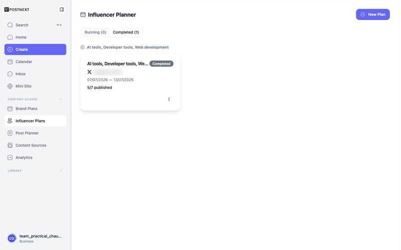 The PostNext Influencer Planner showing plans grouped by topic, each with a channel, a date range, and publishing progress