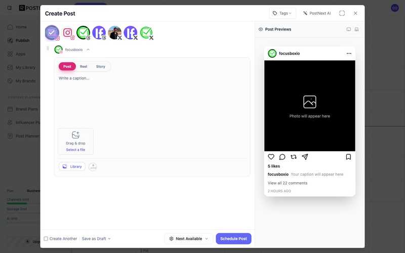 The PostNext post composer with channel toggles, the caption editor, media options, and a live post preview pane