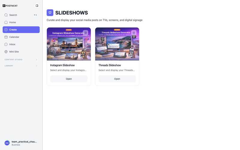 The PostNext Slideshows gallery with the Instagram and Threads slideshow generators