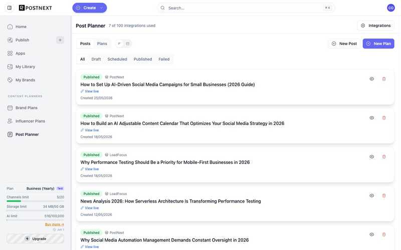 The PostNext Post Planner listing articles published to connected WordPress sites, each with a View live link
