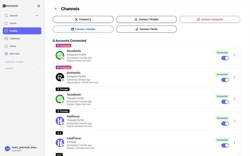 The PostNext Channels screen with connect buttons per platform and connected-account cards showing status and token expiry