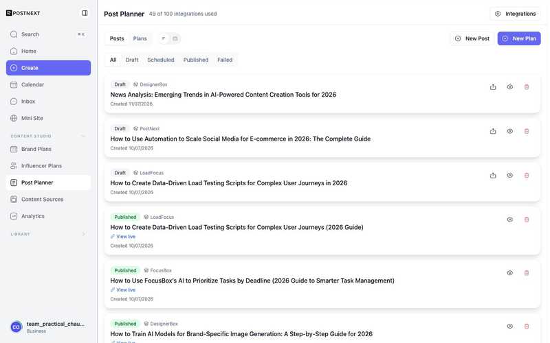 The PostNext Post Planner listing articles published to connected WordPress sites, each with a View live link