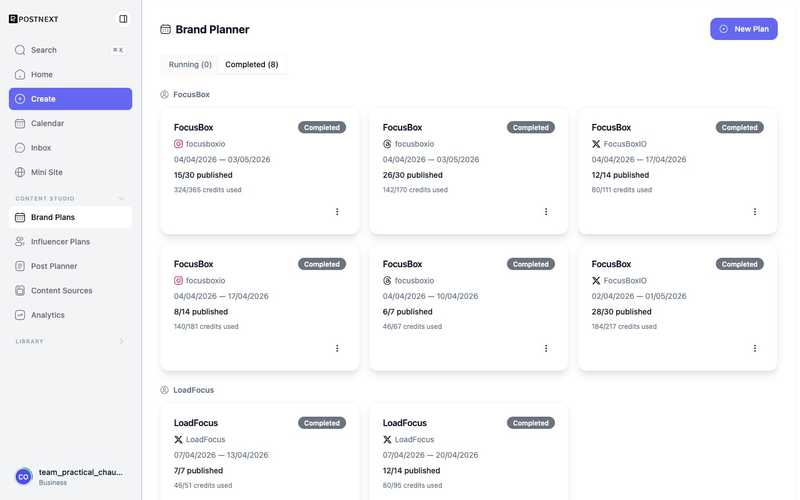 The PostNext Brand Planner showing running plans, each with a channel, a date range, and publishing progress