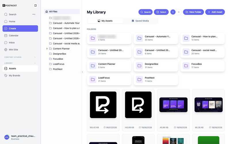 The PostNext My Library with folders, the My Assets and Saved Media tabs, and a grid of media thumbnails